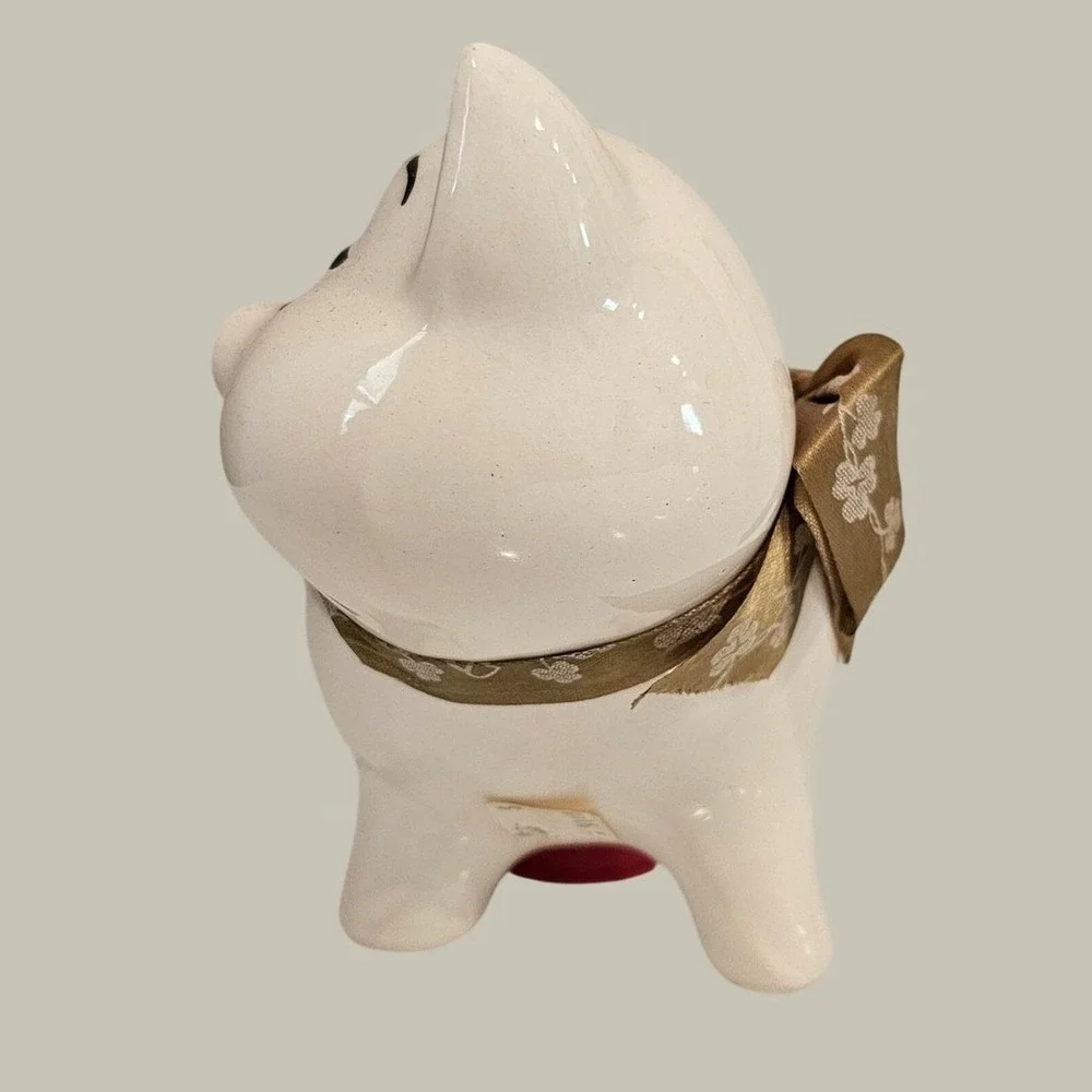 Vintage Ceramic Piggy Bank Winking Pig Off White Floral Ribbon Coin Bank